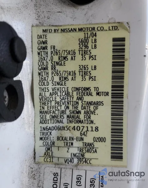 2005 Nissan Frontier King Cab Le z USA, uszkodzony, nr VIN 1N6AD06UX5C407118